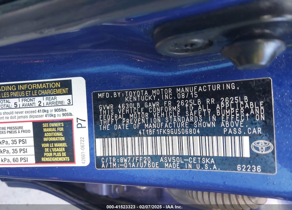 2016 TOYOTA CAMRY VIN: 4T1BF1FK9GU506804