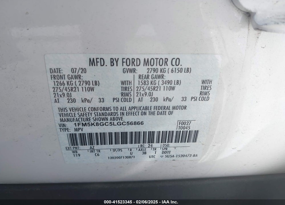 2020 FORD EXPLORER ST VIN: 1FM5K8GC5LGC56866