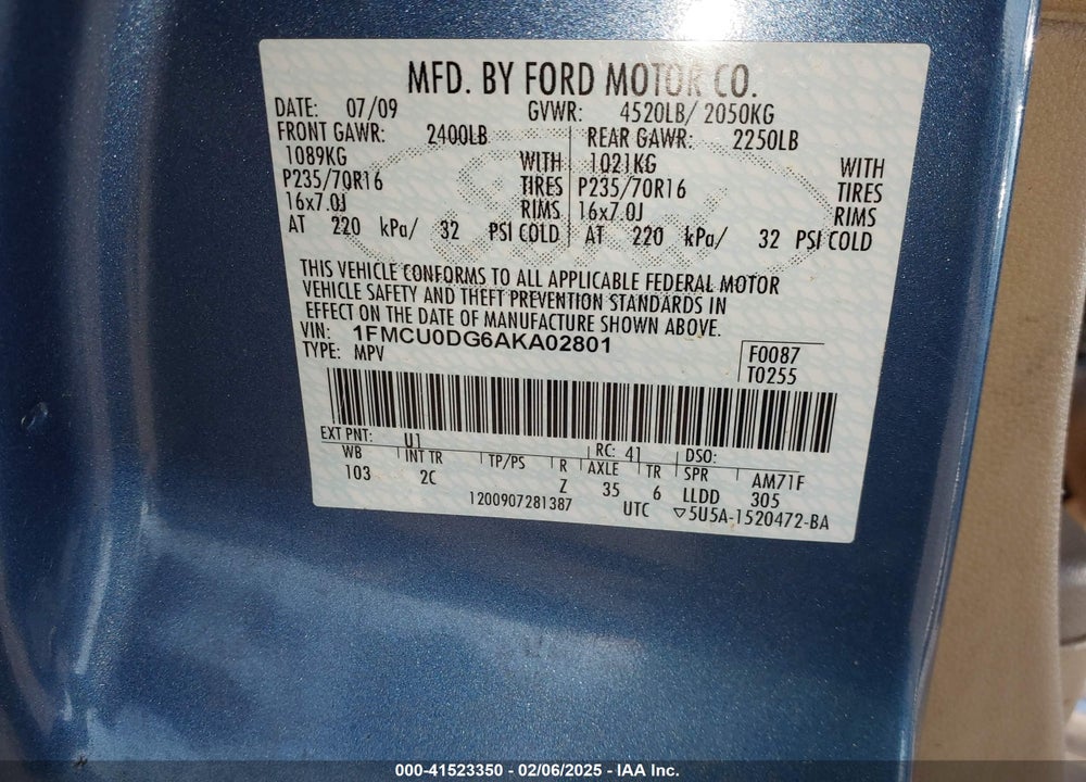 2010 FORD ESCAPE VIN: 1FMCU0DG6AKA02801