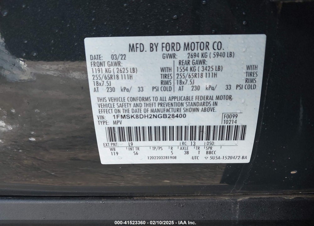 2022 FORD EXPLORER VIN: 1FMSK8DH2NGB28400