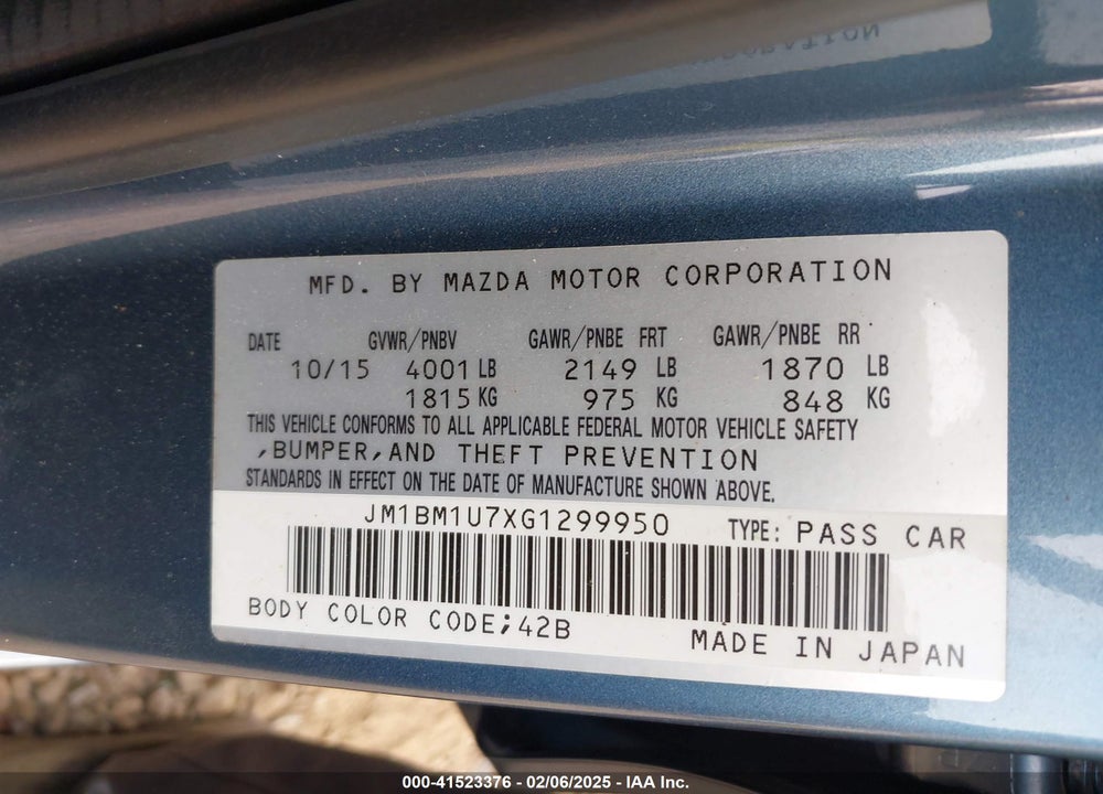 2016 MAZDA 3 VIN: JM1BM1U7XG1299950