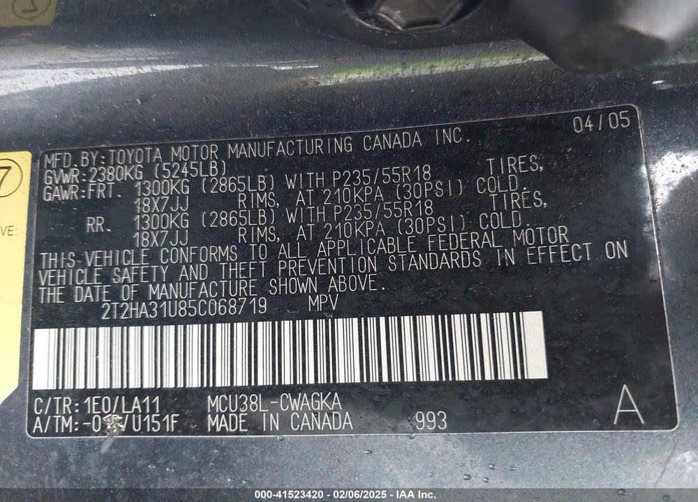 2005 LEXUS RX 330 VIN: 2T2HA31U85C068719