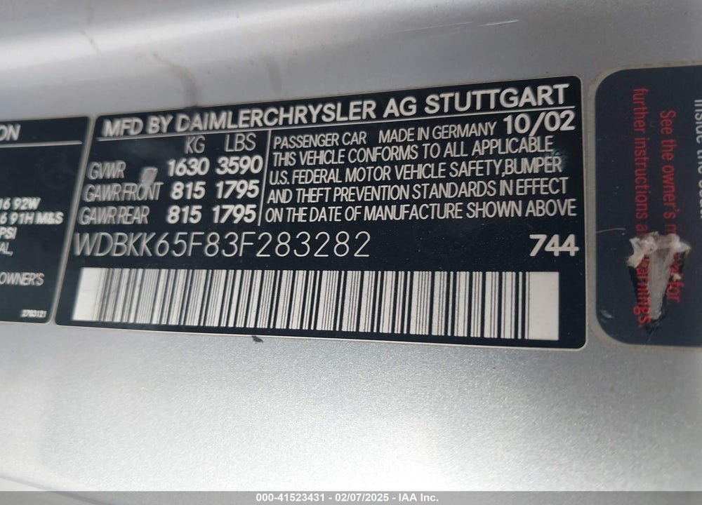 2003 MERCEDES-BENZ SLK 320 VIN: WDBKK65F83F283282