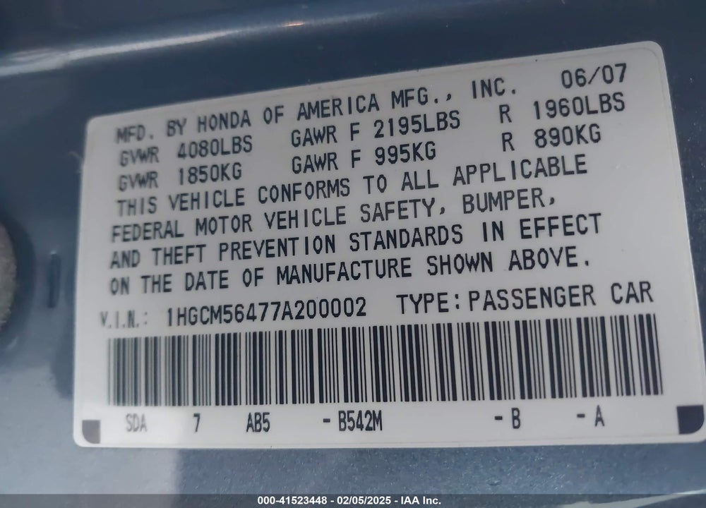 2007 HONDA ACCORD 2.4 LX VIN: 1HGCM56477A200002