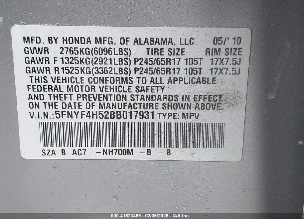 2011 HONDA PILOT EX-L VIN: 5FNYF4H52BB017931