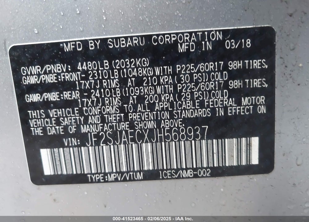 2018 SUBARU FORESTER 2.5I PREMIUM VIN: JF2SJAECXJH568937
