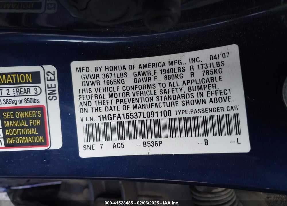2007 HONDA CIVIC VIN: 1HGFA16537L091100