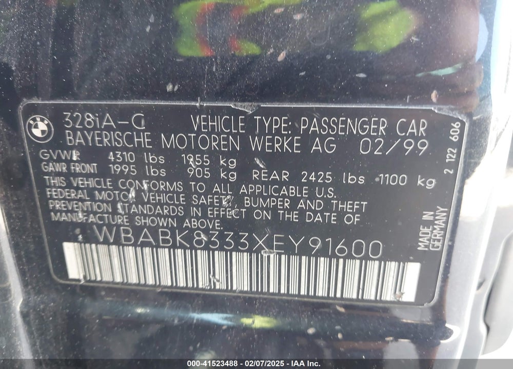 1999 BMW 328IC VIN: WBABK8333XEY91600