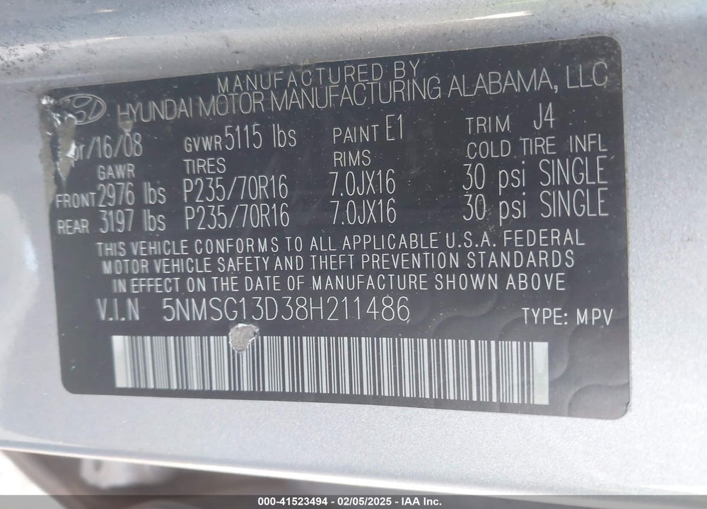 2008 HYUNDAI SANTA FE GLS VIN: 5NMSG13D38H211486