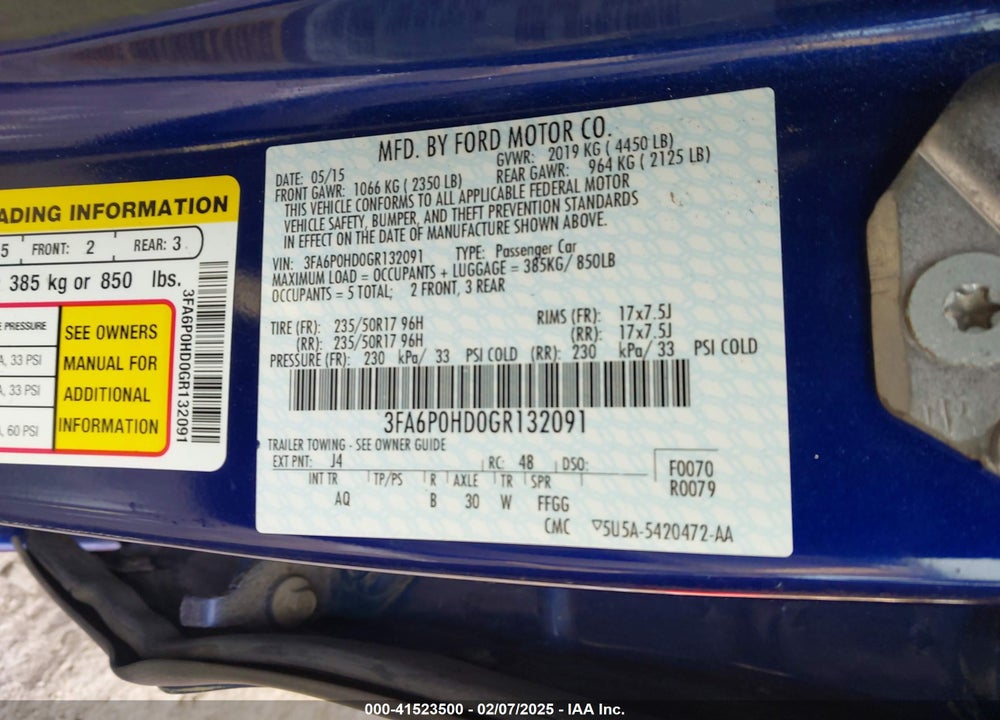 2016 FORD FUSION VIN: 3FA6P0HD0GR132091