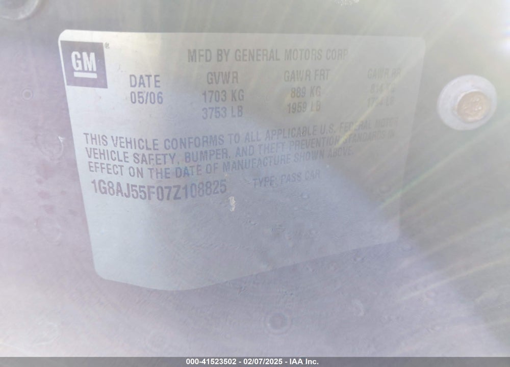 2007 SATURN ION VIN: 1G8AJ55F07Z108825