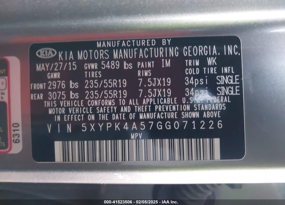 2016 KIA SORENTO 3.3L SXL VIN: 5XYPK4A57GG071226