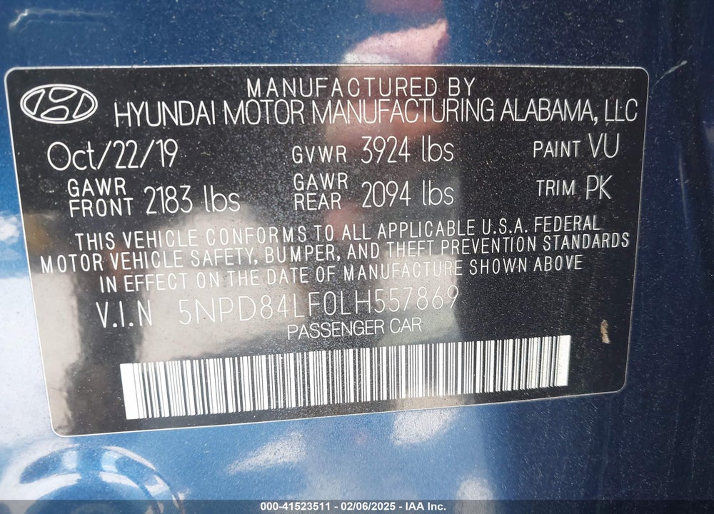 2020 HYUNDAI ELANTRA VIN: 5NPD84LF0LH557869