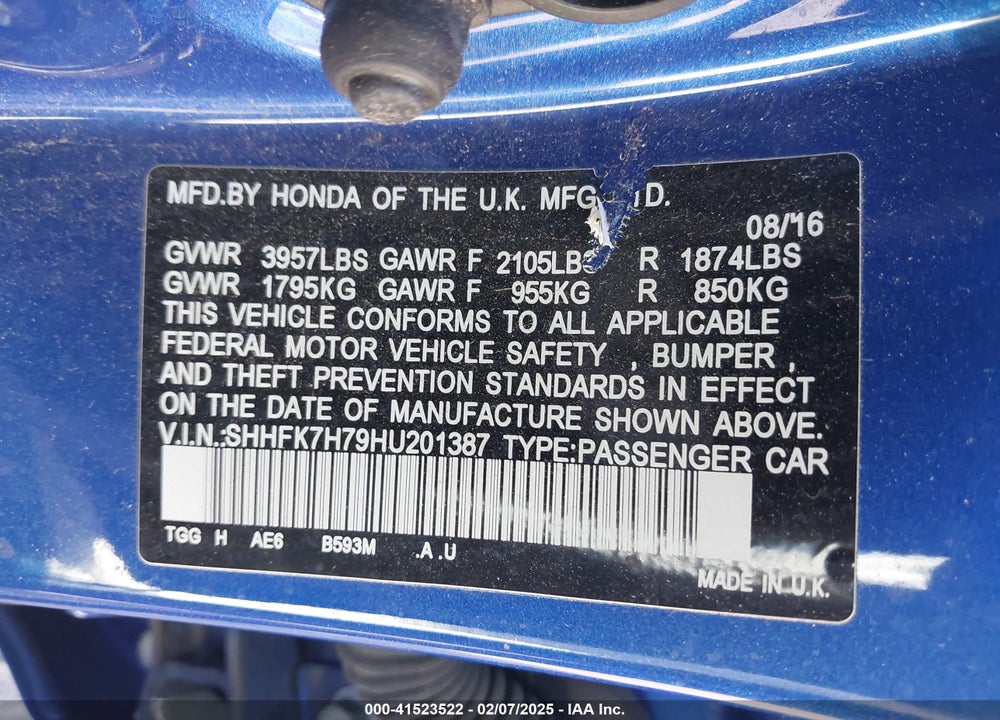 2017 HONDA CIVIC VIN: SHHFK7H79HU201387
