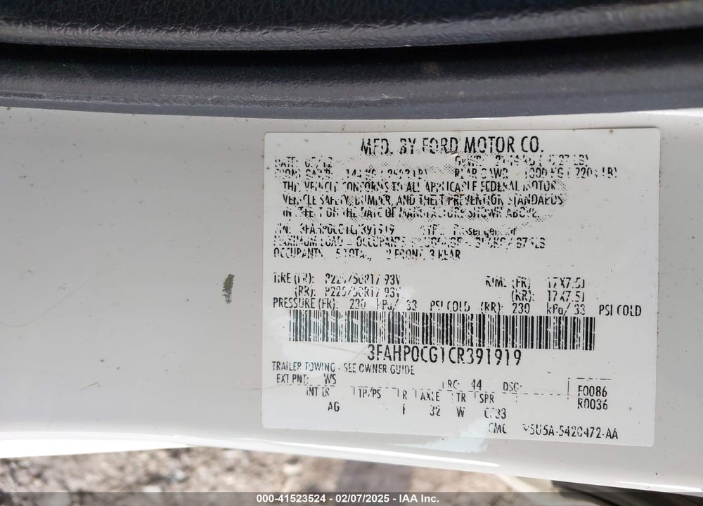 2012 FORD FUSION SEL VIN: 3FAHP0CG1CR391919