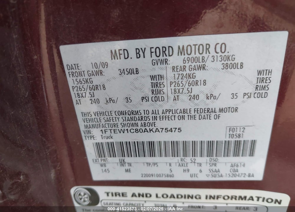 2010 FORD F-150 FX2 SPORT/XL/XLT VIN: 1FTEW1C80AKA75475