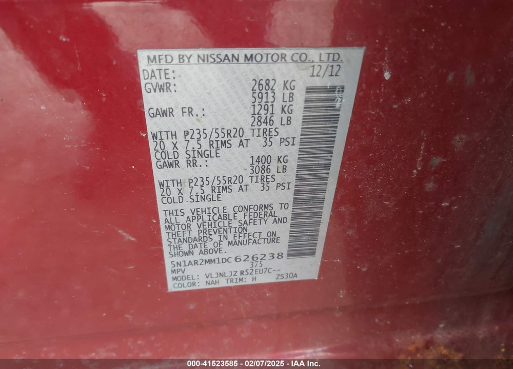 2013 NISSAN PATHFINDER PLATINUM VIN: 5N1AR2MM1DC626238