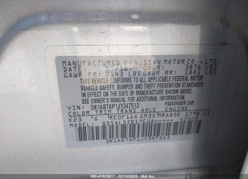 2018 NISSAN SENTRA VIN: 3N1AB7AP1JY347513