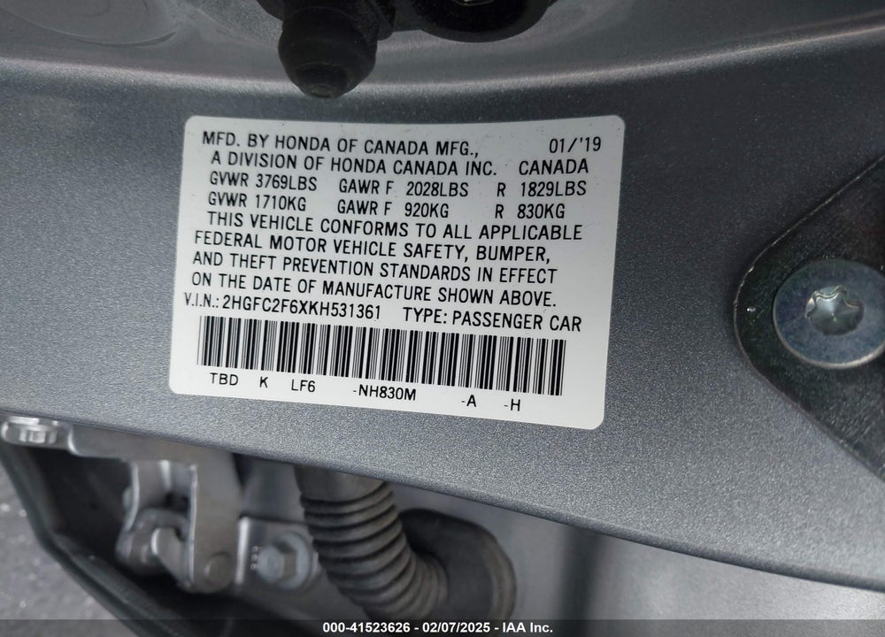 2019 HONDA CIVIC LX VIN: 2HGFC2F6XKH531361