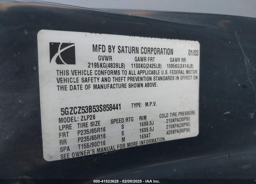 2003 SATURN VUE V6 VIN: 5GZCZ53B53S858441