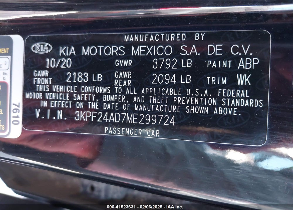 2021 KIA FORTE VIN: 3KPF24AD7ME299724