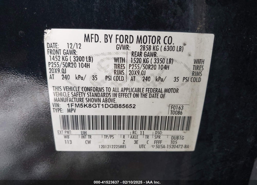 2013 FORD EXPLORER SPORT VIN: 1FM5K8GT1DGB85652