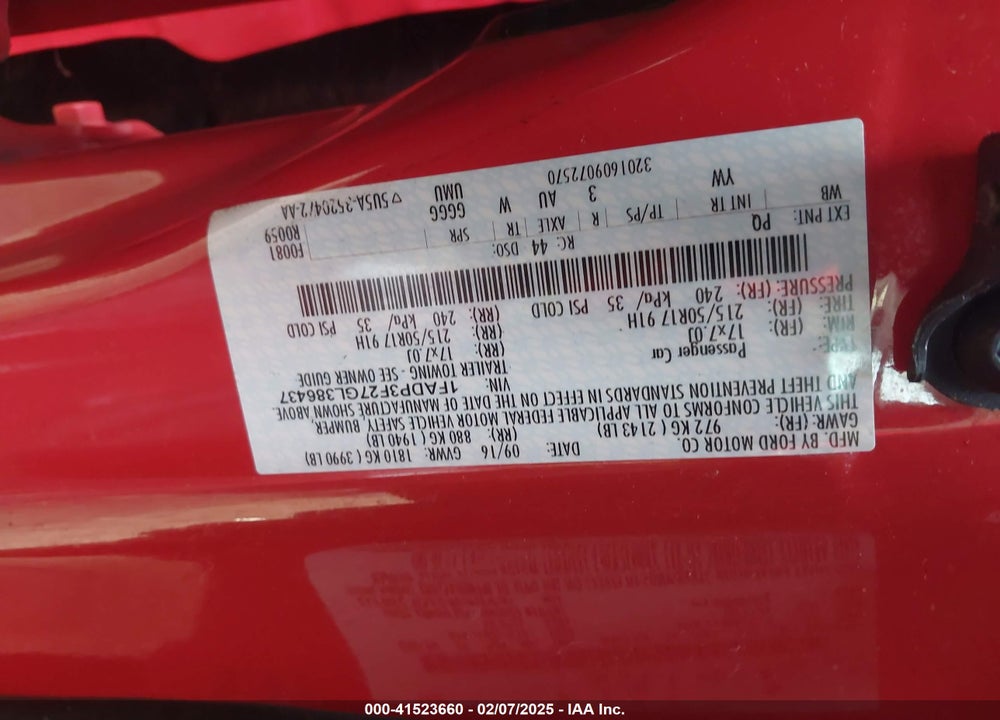 2016 FORD FOCUS VIN: 1FADP3F27GL386437