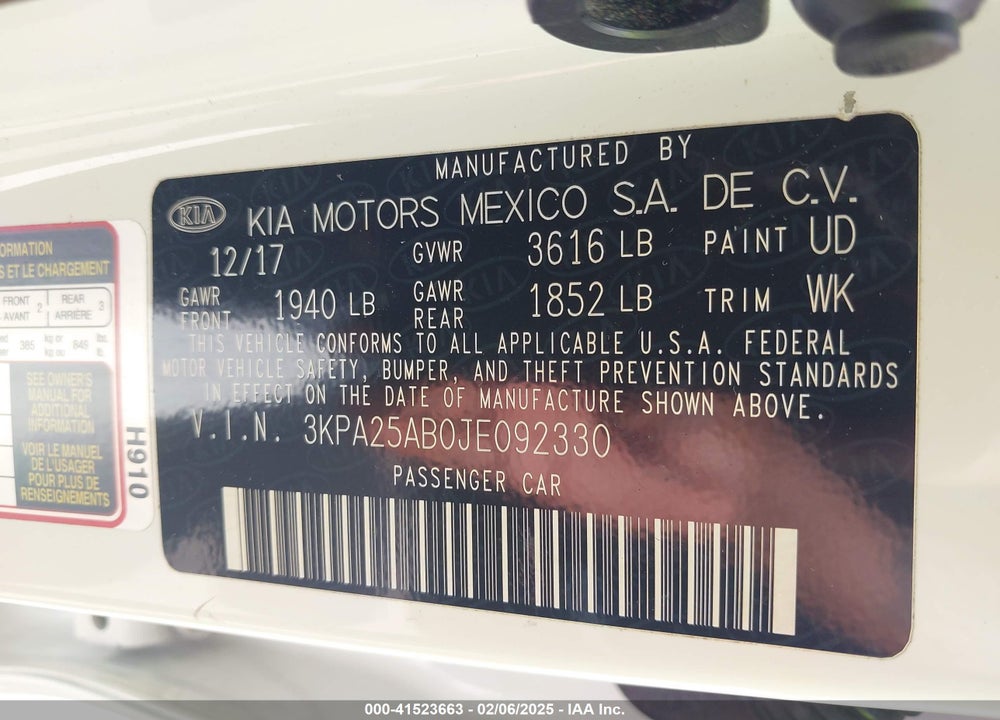 2018 KIA RIO LX VIN: 3KPA25AB0JE092330