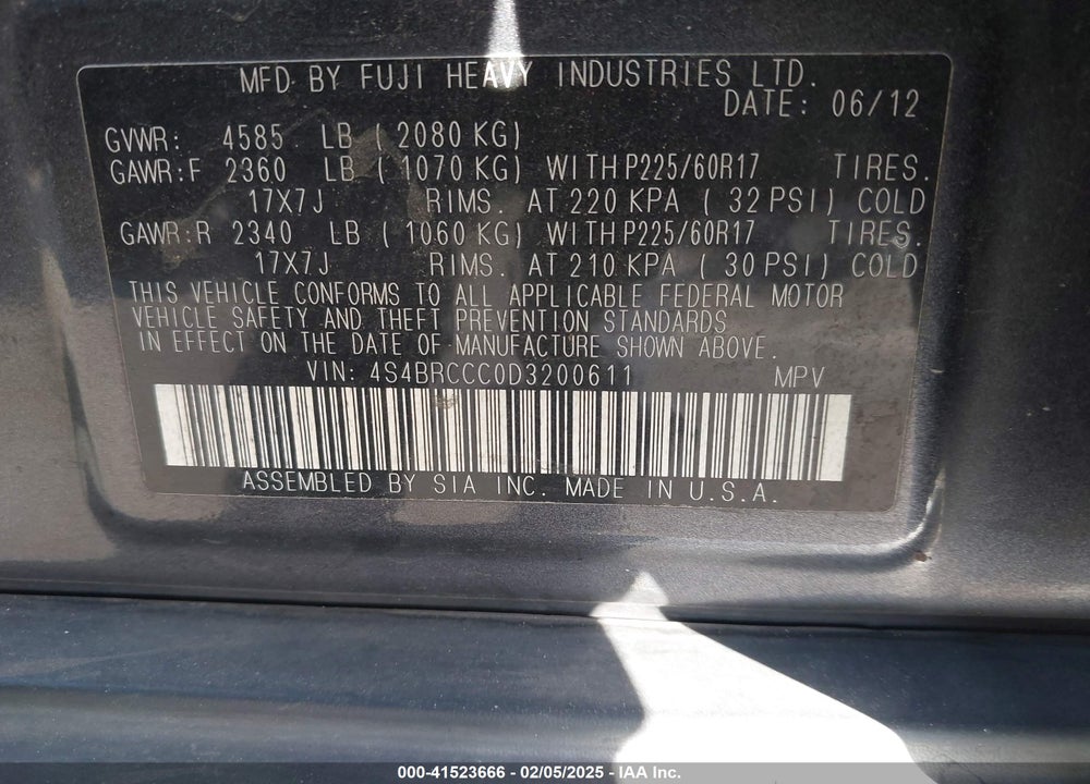 2013 SUBARU OUTBACK VIN: 4S4BRCCC0D3200611
