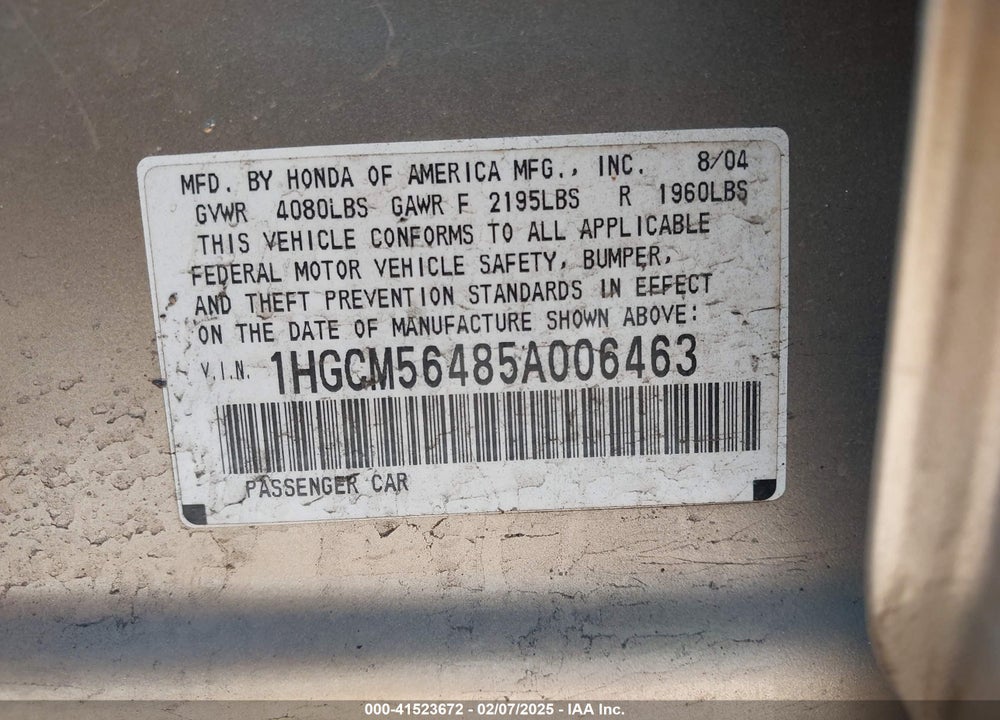 2005 HONDA ACCORD VIN: 1HGCM56485A006463