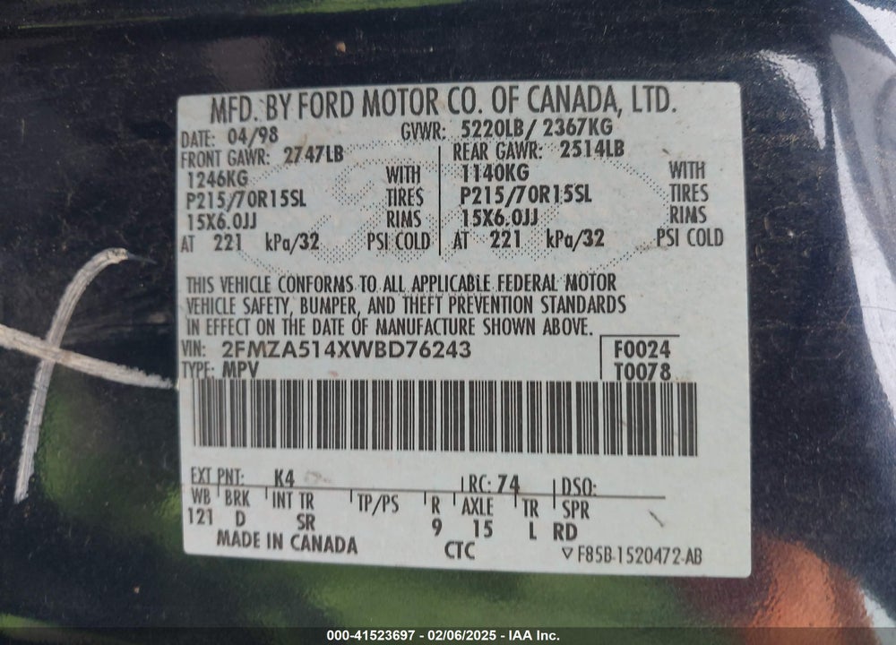 1998 FORD WINDSTAR GL/LIMITED/LX VIN: 2FMZA514XWBD76243