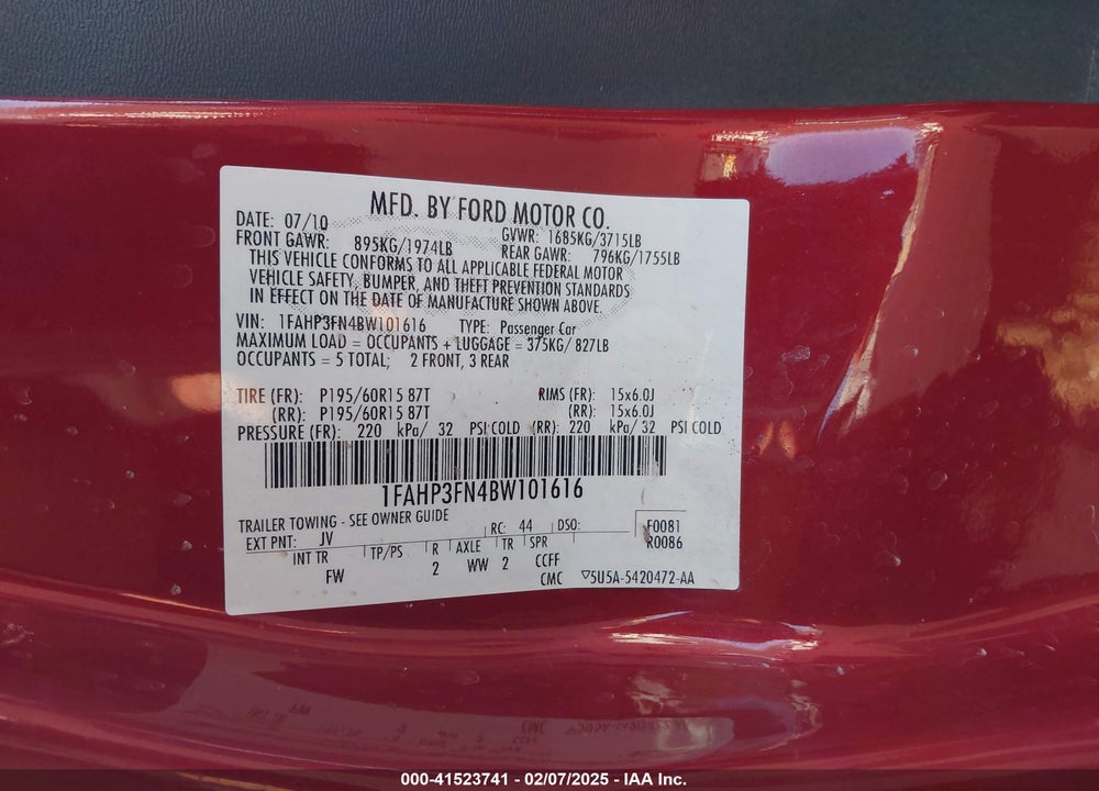 2011 FORD FOCUS VIN: 1FAHP3FN4BW101616