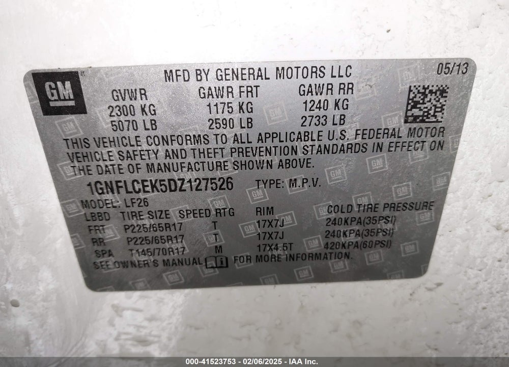 2013 CHEVROLET EQUINOX LS VIN: 1GNFLCEK5DZ127526