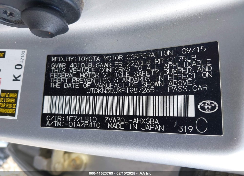 2015 TOYOTA PRIUS VIN: JTDKN3DUXF1987265