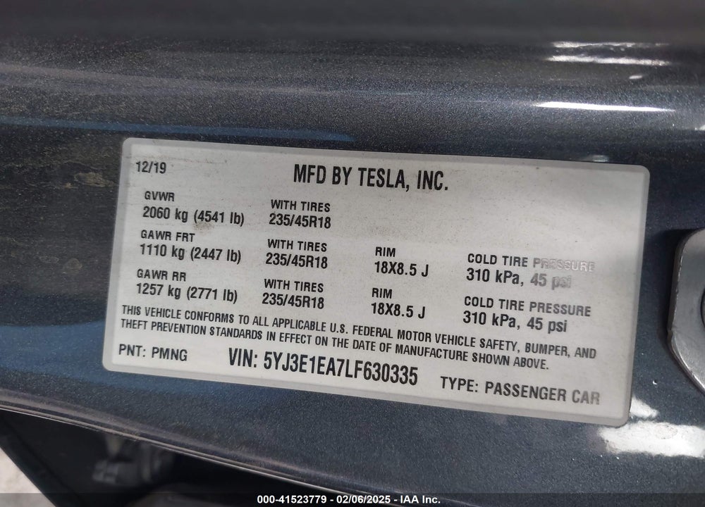 2020 TESLA MODEL 3 VIN: 5YJ3E1EA7LF630335