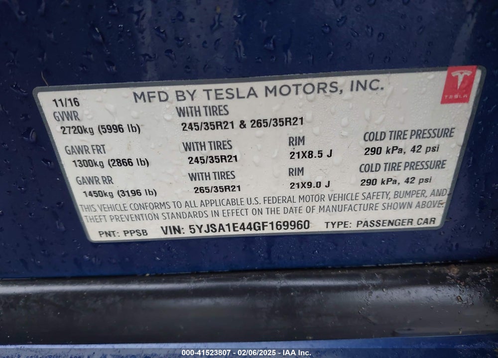 2016 TESLA MODEL S 90D/P100D/P85D/P90D VIN: 5YJSA1E44GF169960