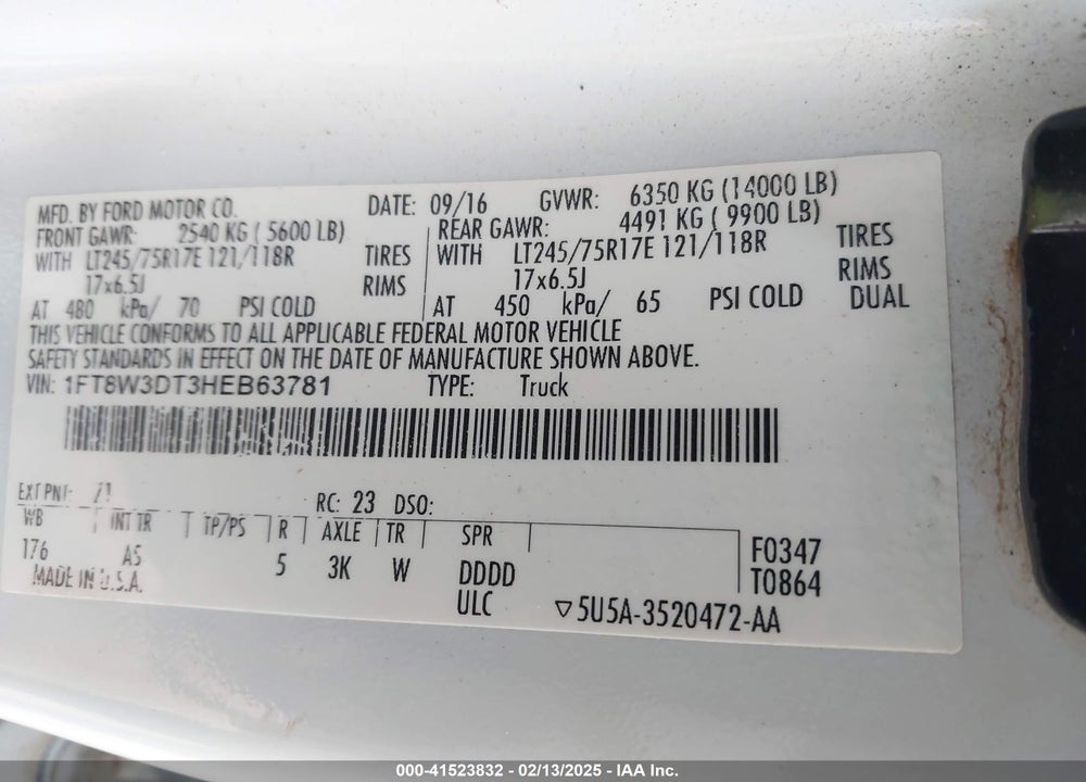 2017 FORD F-350 XL VIN: 1FT8W3DT3HEB63781