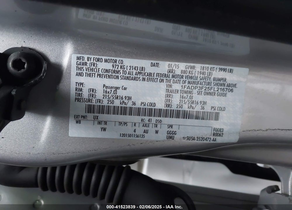 2015 FORD FOCUS VIN: 1FADP3F25FL216706