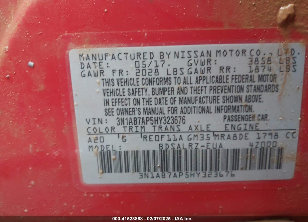 2017 NISSAN SENTRA VIN: 3N1AB7AP5HY323676
