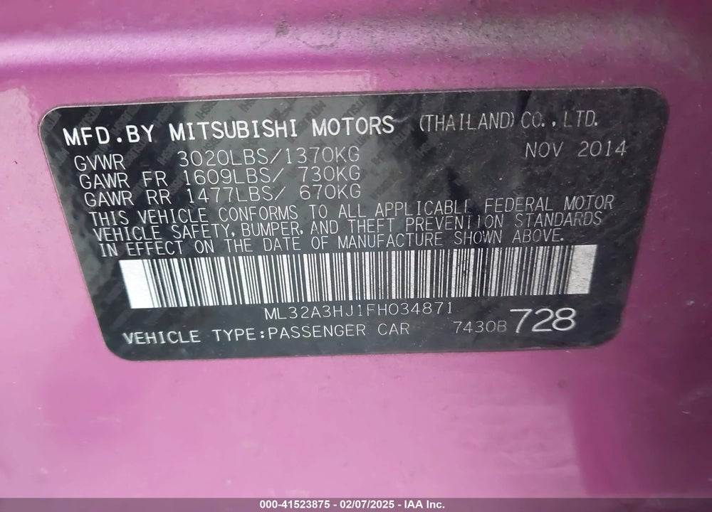 2015 MITSUBISHI MIRAGE VIN: ML32A3HJ1FH034871