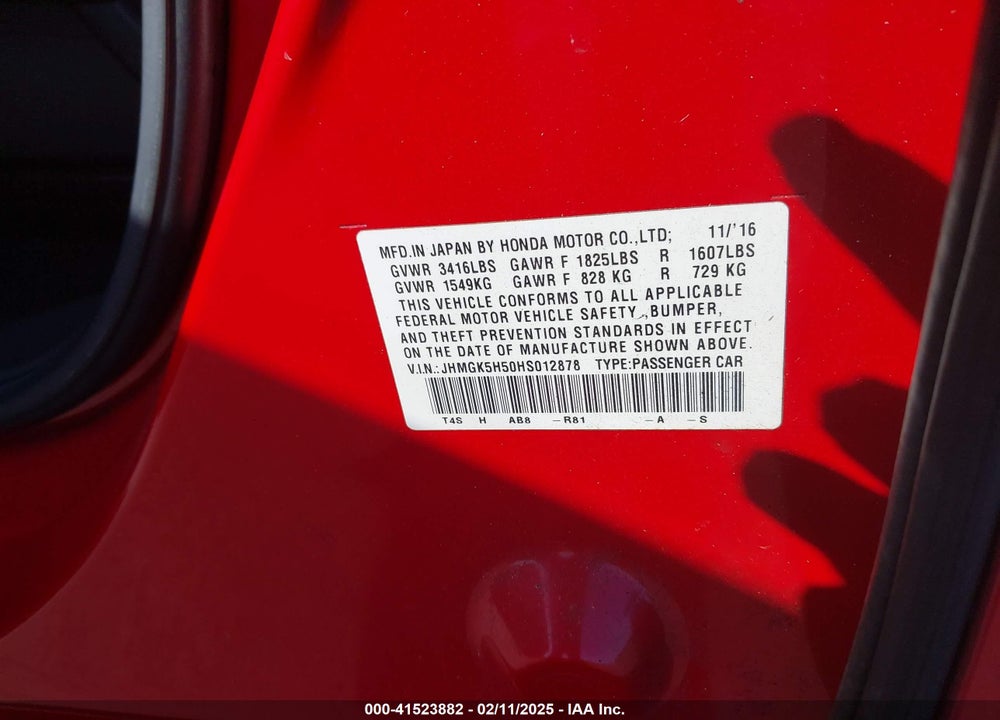 2017 HONDA FIT LX VIN: JHMGK5H50HS012878