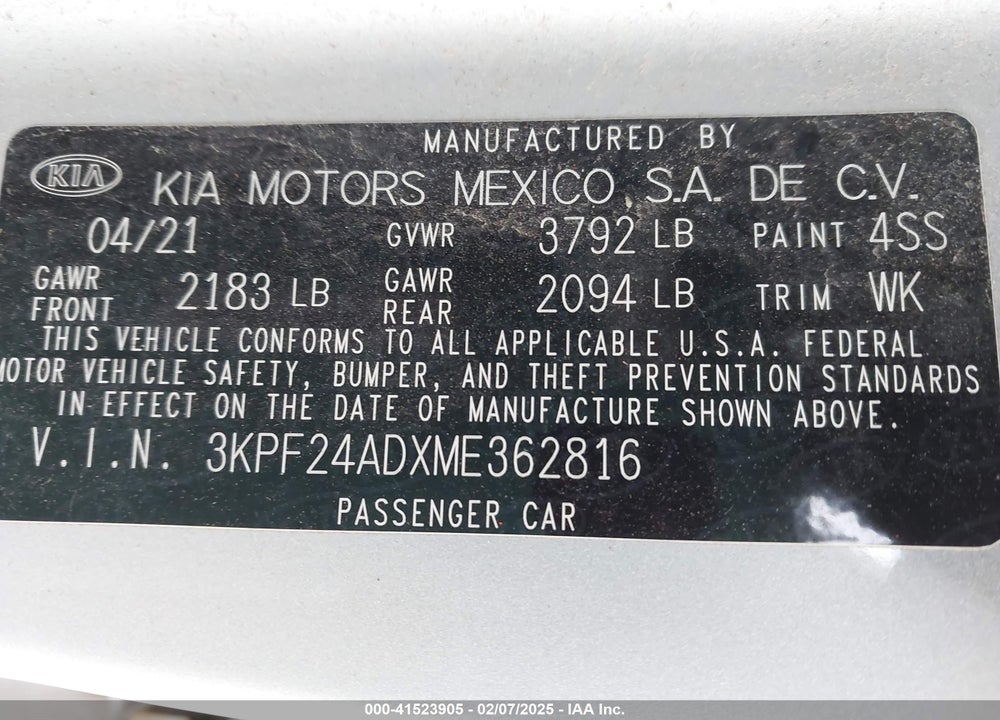 2021 KIA FORTE VIN: 3KPF24ADXME362816