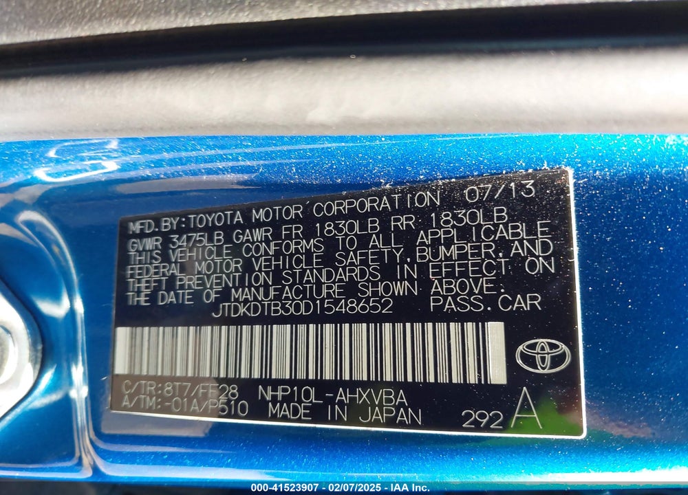 2013 TOYOTA PRIUS C VIN: JTDKDTB30D1548652