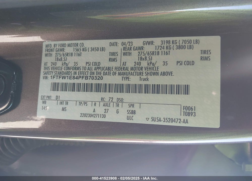 2023 FORD F-150 VIN: 1FTFW1E84PFB70320