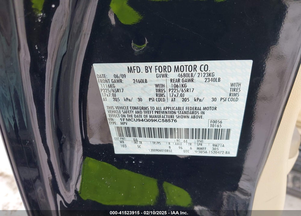 2009 FORD ESCAPE LIMITED VIN: 1FMCU94G09KC58576
