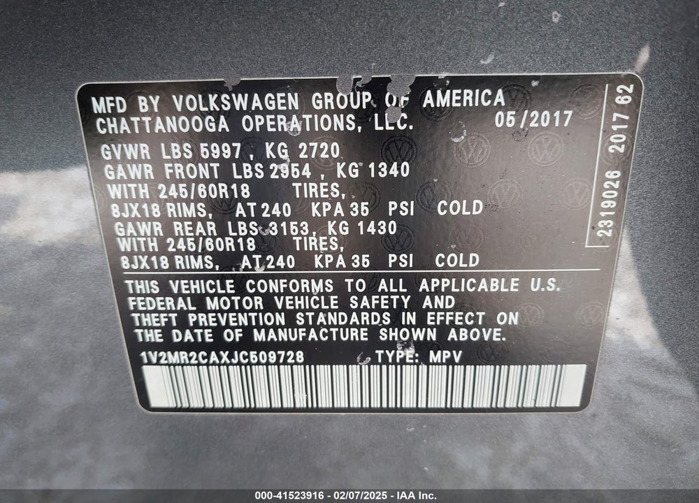 2018 VOLKSWAGEN ATLAS 3.6L V6 SEL VIN: 1V2MR2CAXJC509728
