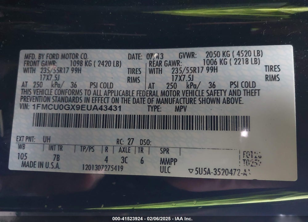 2014 FORD ESCAPE SE VIN: 1FMCU0GX9EUA43431