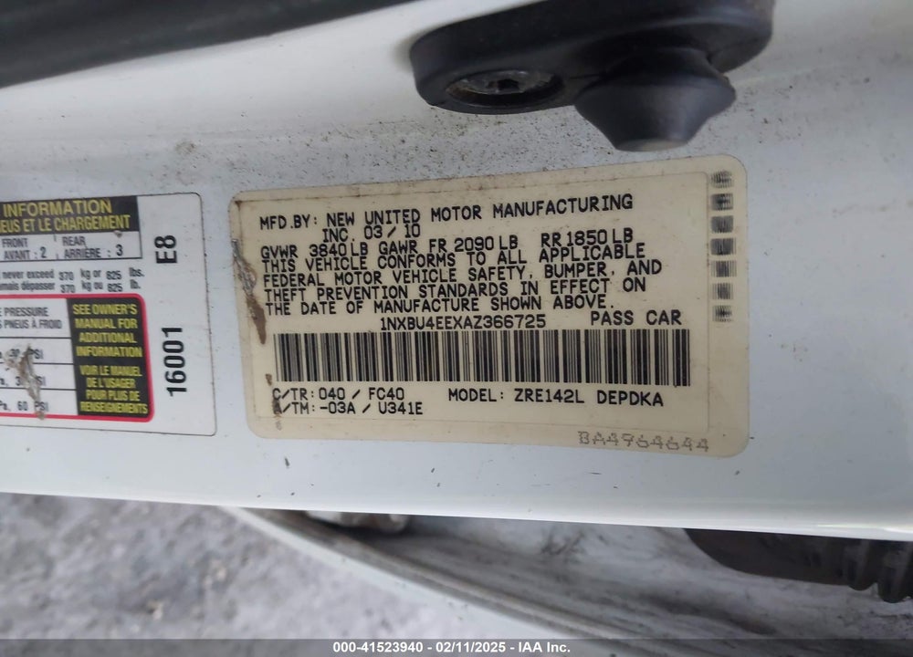 2010 TOYOTA COROLLA LE VIN: 1NXBU4EEXAZ366725