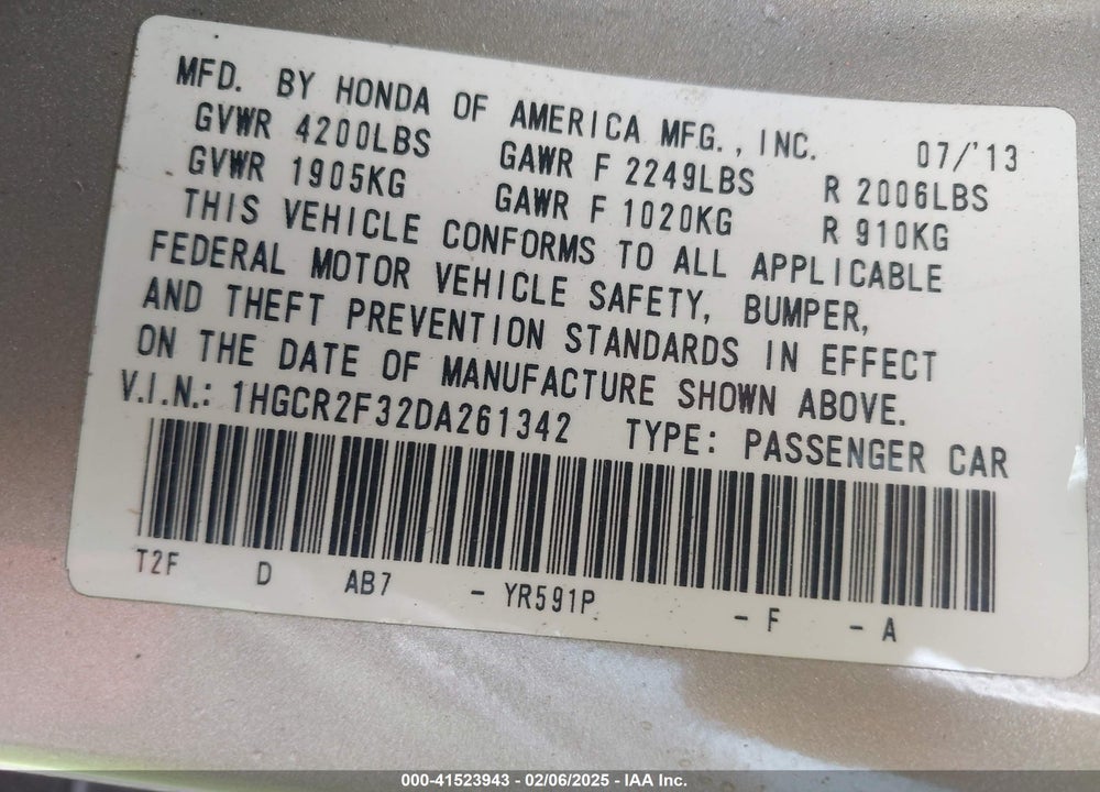 2013 HONDA ACCORD VIN: 1HGCR2F32DA261342
