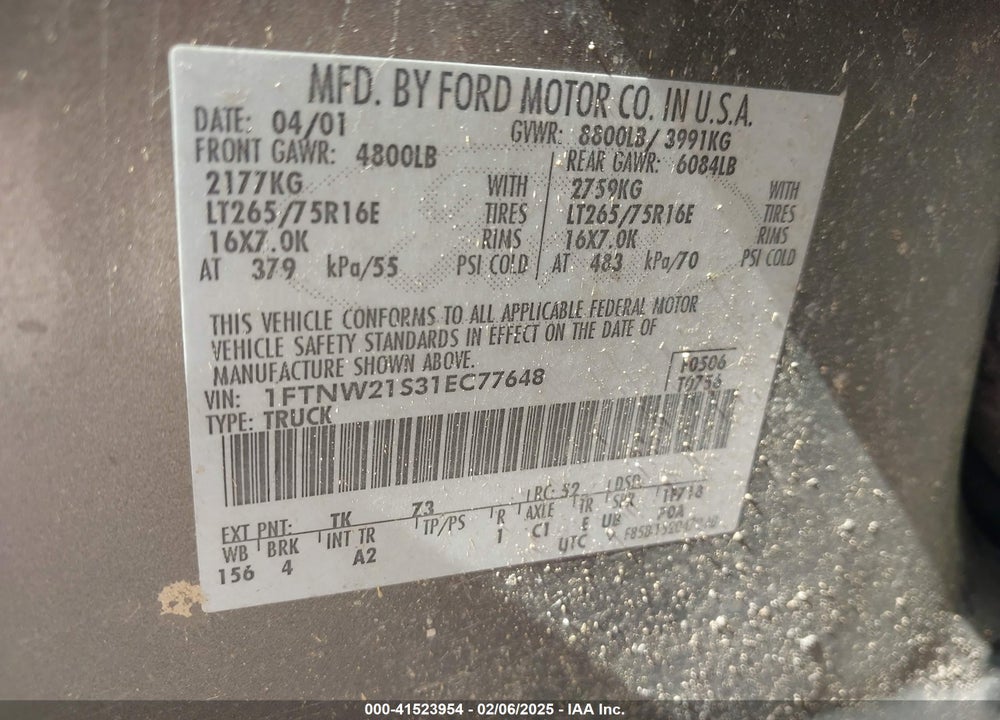 2001 FORD F-250 LARIAT/XL/XLT VIN: 1FTNW21S31EC77648